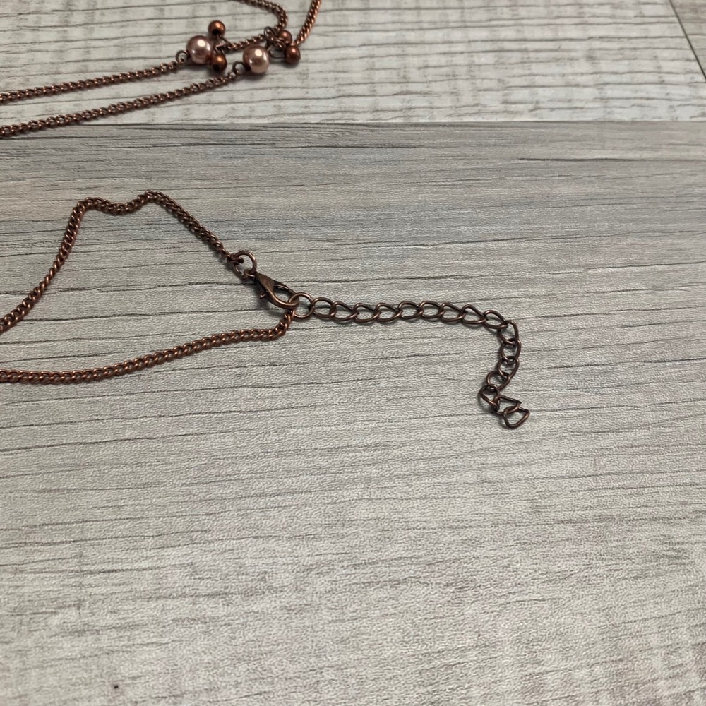 Copper Tone Faux Pearl Station Long Chain Necklace 40 Inch Adjustable